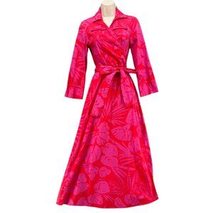 0039 Italy Havanna Maxi Wrap Dress Pink Red Floral Long Sleeve Cotton Size S